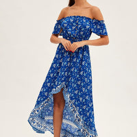 Blue Boho Midi Dress Short Sleeve Ruffle