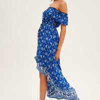 Blue Boho Midi Dress Short Sleeve Ruffle