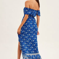 Blue Boho Midi Dress Short Sleeve Ruffle