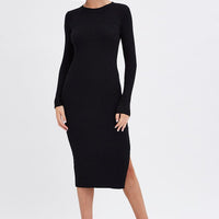 Black Midi Dress Long Sleeve Round Neck Rib Knitted