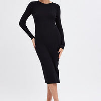 Black Midi Dress Long Sleeve Round Neck Rib Knitted
