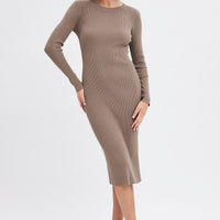 Brown Midi Dress Long Sleeve Round Neck Rib Knitted
