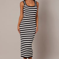 Beige Stripe Knit Midi Dress Sleeveless Scoop Neck Bodycon Rib