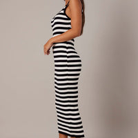 Beige Stripe Knit Midi Dress Sleeveless Scoop Neck Bodycon Rib