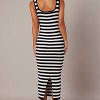 Beige Stripe Knit Midi Dress Sleeveless Scoop Neck Bodycon Rib