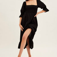 Black Puff Sleeve Shirred Tiered Midi Dress