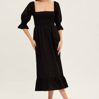 Black Puff Sleeve Shirred Tiered Midi Dress