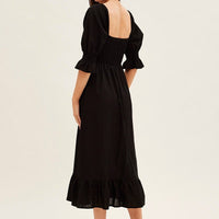 Black Puff Sleeve Shirred Tiered Midi Dress
