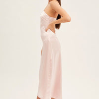 Pink Satin Straight Midi Dress