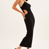 Black Ribbed Midi Dress Cutout