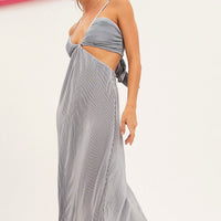 Blue Plisse Midi Dress Tie Back
