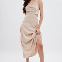 Beige Midi Dress Evening Cowl Neck