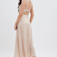 Beige Midi Dress Evening Cowl Neck