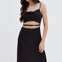 Black Midi Dress Cowl Neck Satin