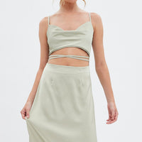 Green Midi Dress Cowl Neck Satin