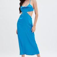 Blue Cowl Neck Cutout Midi Dress