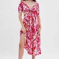Red Floral Cutout Midi Dress