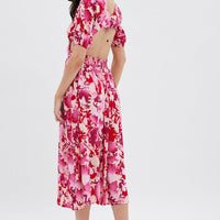 Red Floral Cutout Midi Dress