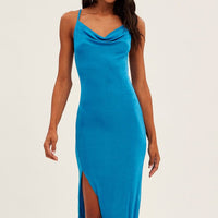 Blue Cowl Neck Slip Midi Dress