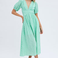 Green Check Check Puff Sleeve Midi Dress