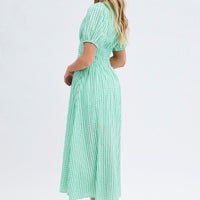 Green Check Check Puff Sleeve Midi Dress