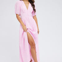 Purple Check Midi Dress Puff Sleeve
