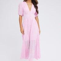 Purple Check Midi Dress Puff Sleeve
