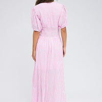 Purple Check Midi Dress Puff Sleeve