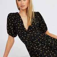Black Floral Midi Dress Puff Sleeve