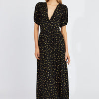 Black Floral Midi Dress Puff Sleeve