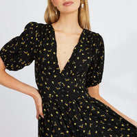 Black Floral Midi Dress Puff Sleeve