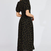 Black Floral Midi Dress Puff Sleeve