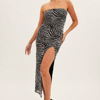 Black Animal Print Bodycon Dress Midi Strapless Side Split Mesh