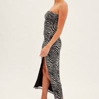 Black Animal Print Bodycon Dress Midi Strapless Side Split Mesh