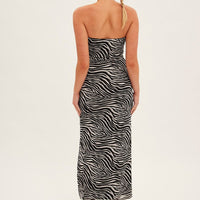 Black Animal Print Bodycon Dress Midi Strapless Side Split Mesh