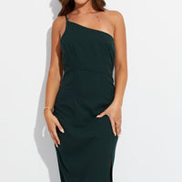 Green Midi Dress One Shoulder Asymmetric