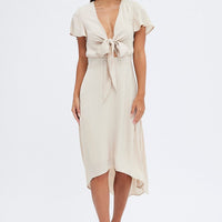 Beige Midi Dress Short Sleeve Tie Back Satin