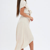 Beige Midi Dress Short Sleeve Tie Back Satin