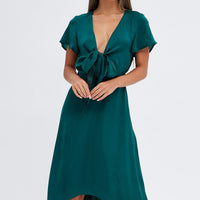 Green Midi Dress Short Sleeve Tie Back Satin