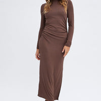 Brown Midi Dress Long Sleeve High Neck Rib Jersey