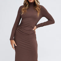 Brown Midi Dress Long Sleeve High Neck Rib Jersey