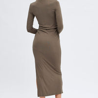 Green Midi Dress Long Sleeve High Neck Rib Jersey