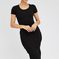 Black Midi Dress Short Sleeve Rib