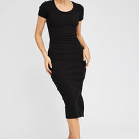 Black Midi Dress Short Sleeve Rib