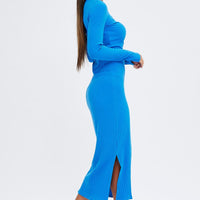 Blue Midi Dress Long Sleeve Mock Neck Cut Out Bodycon