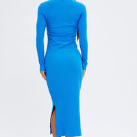 Blue Midi Dress Long Sleeve Mock Neck Cut Out Bodycon