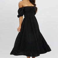 Black Midi Dress Short Sleeve Ruched Bust