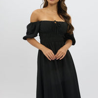 Black Midi Dress Short Sleeve Ruched Bust