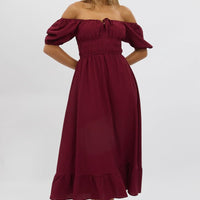 Red Midi Dress Short Sleeve Ruched Bust