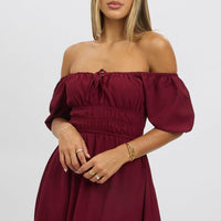 Red Midi Dress Short Sleeve Ruched Bust